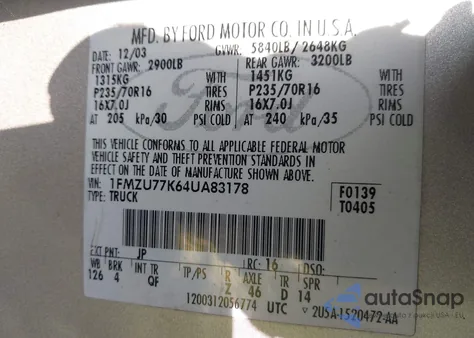 2004 Ford Explorer Sport Trac Adrenalin/Xls/Xlt из США, поврежденный, VIN 1FMZU77K64UA83178